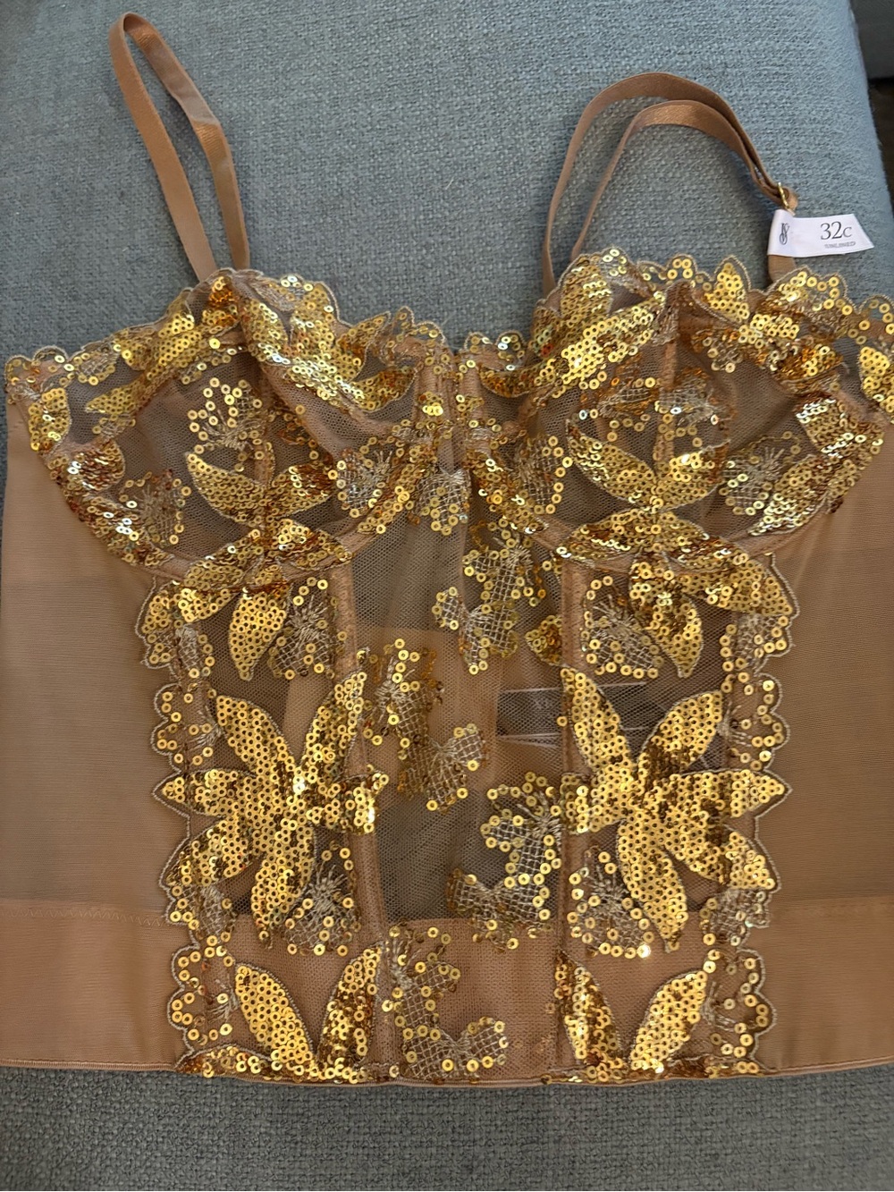 Victoria's Secret Gold Sequin Floral Sheer Bustier Top